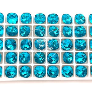 Aurora Teal Zircon Blue Loose Crystals, 4470 12mm Fancy Cushion Cut, Rounded Square, Aquamarine Blue, Sparkly Colors, DIY Jewelry Supplies