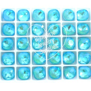 Ultra Aquamarine Shimmer Loose Crystals, 4470 12mm Fancy Cushion Cut, Rounded Square, Sparkly Colors, DIY Jewelry Supplies, Packs of 2