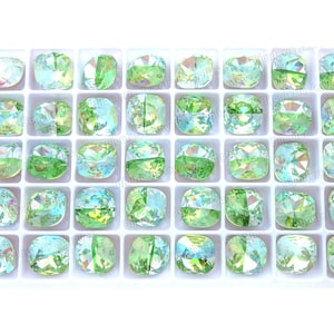 Peridot Laser Shine Loose Crystals, 4470 12mm Fancy Cushion Cut, Rounded Square, Unique 2 Toned Color DIY Jewelry Supplies Quantity Discount