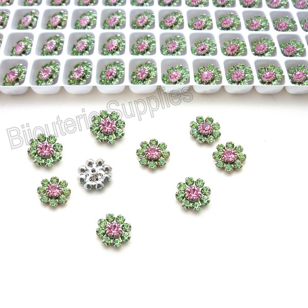 Austrian Crystal Flowers, Light Rose and Peridot Dainy Crystal Flowers for DIY Jewelry, Embellishments Fit into 8mm Empty Cup Chain Set of 6