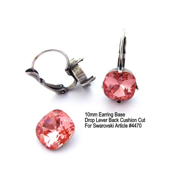 Empty Earring Settings For 10mm Square Cushion Cut Crystals, Base Fits Swarovski Article 4470, Drop Levers Assorted Finishes, DIY Jewelry