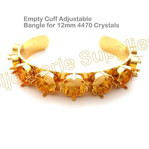 Gold Plated Adjustable Cuff Bangle Bracelet Base for Embedding Cushion Cut 4470 Crystals, Square 12mm Stones, DIY Empty Cup Chain Jewelry