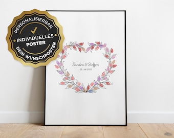 Fingerprint poster: flower heart for wedding and baptism, personalized