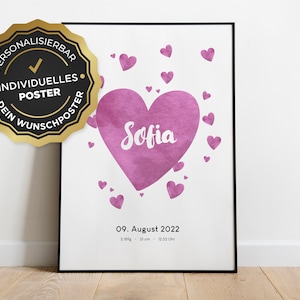 Póster de nacimiento de bebé personalizado con corazones y nombres