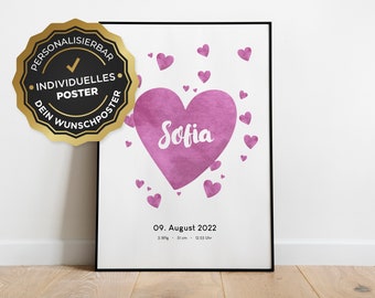 Personalized baby birth poster with hearts and names