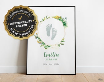 Personalized Poster: Footprint Birth Poster with Flowers in a Circle