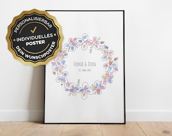 Fingerprint poster: floral wreath for weddings and baptisms, personalized