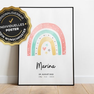 Póster de nacimiento de bebé personalizado con arcoíris y nombre