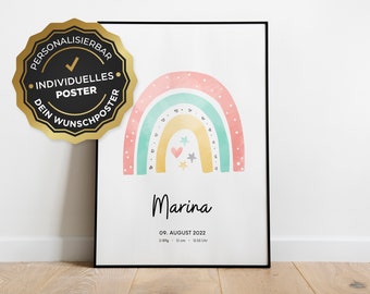 Personalized baby birth poster with rainbow and name