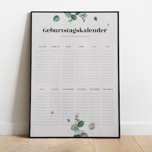 Può includere: Un calendario di compleanno stampabile con un design semplice. Il calendario è in bianco e nero con i mesi dell'anno elencati in alto. Le parole "Geburtstagskalender" e "Sende Glückwünsche an" sono stampate nella parte superiore del calendario.