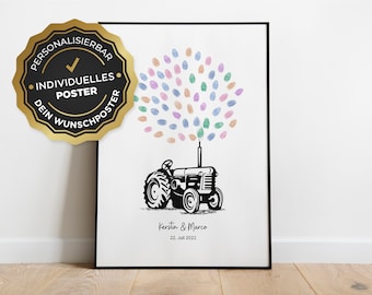 Fingerprint poster: tractor for wedding and baptism, personalized