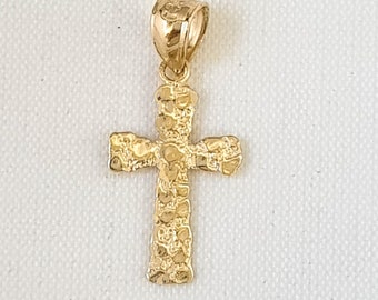 14k Yellow Gold Solid Polished and Textured Nugget Block Style Religious Faith Cross Pendant Necklace 41.75x21.6mm Wide