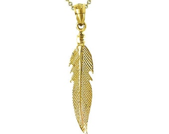 925 Sterling Silver Yellow Gold Plated 1mm Cable Chain Necklace w/ Feather Double Sided Pendant Charm