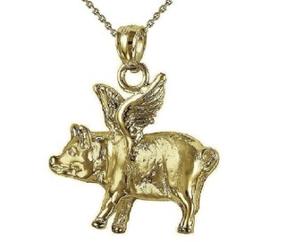 925 Sterling Silver Yellow Gold Plated 1mm Cable Chain Necklace w/ Flying Pig Pendant Charm