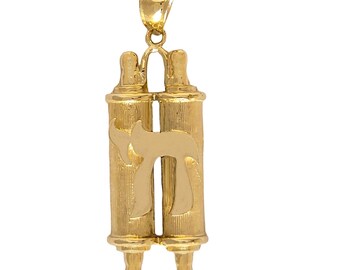 14K Yellow Gold Jewish Mezuzah Torah Scroll with Chai Pendant