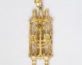 14K Yellow Gold Jewish Mezuzah Torah Scroll with Star of David & Menorah Pendant