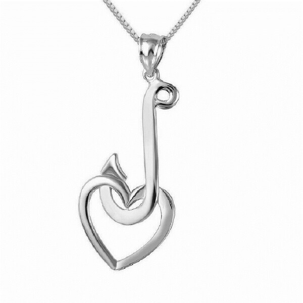 925 Sterling Silver Necklace w/ Fishing Hook with Heart Pendant Charm