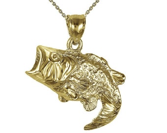 925 Sterling Silver Yellow Gold Plated 1mm Cable Chain Necklace w/ Bass Fish Pendant Charm