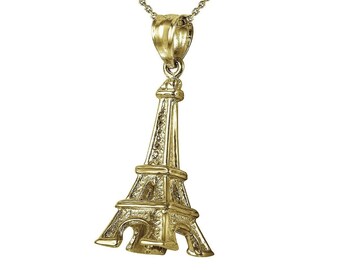 Collier chaîne forçat en argent sterling 925 plaqué or jaune de 1 mm avec pendentif tour Eiffel 3D