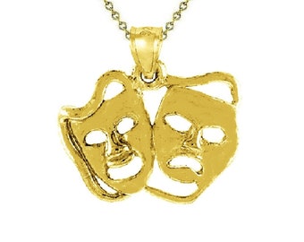 925 Sterling Silver Yellow Gold Plated 1mm Cable Chain Necklace w/ Drama Mask Pendant Charm