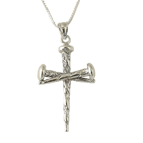 925 Sterling Silver Necklace w/ Nail Cross Crucifixion of Jesus 3D Solid Pendant