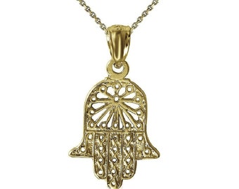 925 Sterling Silver Yellow Gold Plated 1mm Cable Chain Necklace w/ Hamsa Hand Pendant Charm