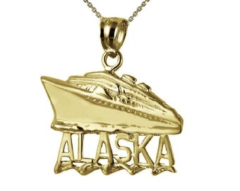 925 Sterling Silver Yellow Gold Plated 1mm Cable Chain Necklace w/ Alaska Cruise Ship Pendant Charm