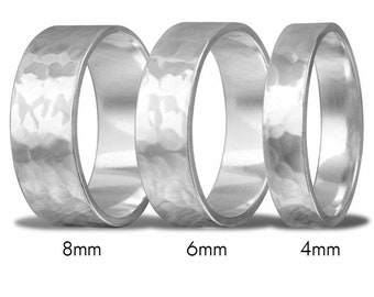 4mm, 6mm, 8mm Sterling Silver Hand Hammered FLAT Wedding Band Ring