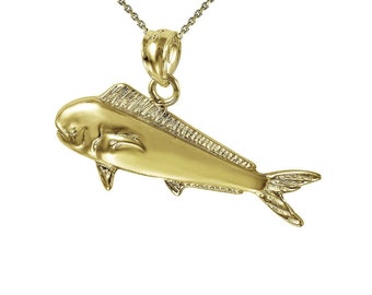 925 Sterling Silver Yellow Gold Plated 1mm Cable Chain Necklace w/ Mahi Mahi Fish Pendant Charm