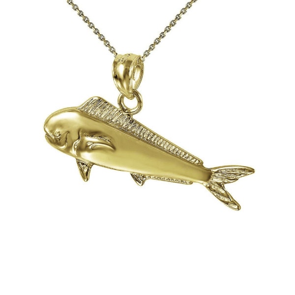925 Sterling Silver Yellow Gold Plated 1mm Cable Chain Necklace w/ Mahi Mahi Fish Pendant Charm