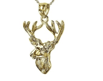 925 Sterling Silver Yellow Gold Plated 1mm Cable Chain Necklace w/ Deer Pendant Charm