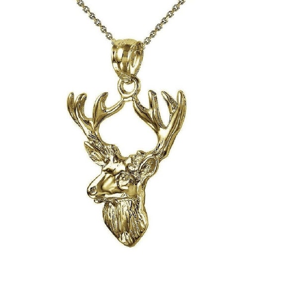 925 Sterling Silver Yellow Gold Plated 1mm Cable Chain Necklace w/ Deer Pendant Charm