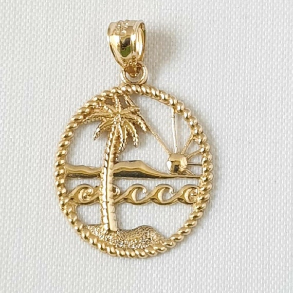 14K Yellow Gold Beach Scene Palm Tree Pendant - Etsy