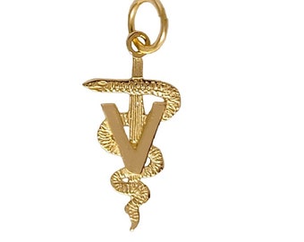 14k Yellow Gold Veterinary Caduceus Medical Symbol Charm Pendant