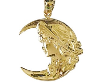 14K Yellow Gold Crescent Moon with Lady Pendant