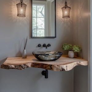 Live edge handcrafted bathroom vanity shelf rustic floating vanity desk shelf wall mounted brackets bathroom decor housewarming gift
