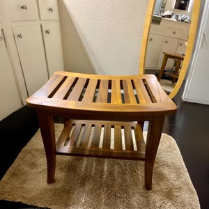 Rustic Wood Shower Seat for Indoor Use Water Resistant Rustproof Hardware Solid Teak Shower Bath Spa Foot Stool Side Table Bathroom Decor