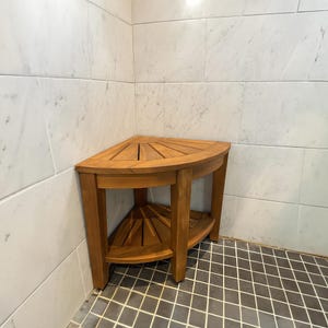 Handmade Wood Shower Seat for Indoor Use Solid Teak Shower Bath Spa Foot Stool Side Table Water Resistant Rustproof Hardware Bathroom Decor