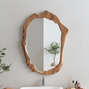Handcrafted bathroom mirror rustic irregular mirror farmhouse mid century mirror handmade asymmetrical mirror for wall housewarming gift