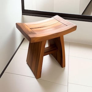 Solid Teak Shower Bath Spa Foot Stool Water Resistant Rustproof Hardware Wood Shower Seat for Indoor Use Side Table Bathroom Decor