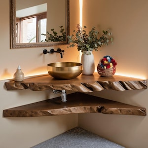 Live edge handmade bathroom vanity shelf rustic corner vanity shelf wall mounted brackets housewarming gift bathroom decor