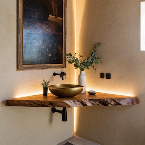 Rustic bathroom decor live edge vanity shelf handmade corner vanity shelf wall mounted brackets housewarming gift