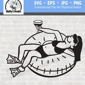May include: Black and white illustration of a person relaxing on a watermelon-shaped inflatable float, holding a glass of wine. The image includes the text "SVG - EPS - JPG - PNG Commercial Use for Physical Items" and the logo "Whatley's Wonders".