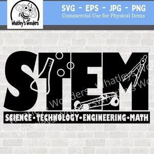 May include: Black and white STEM design with science tools and the words "SCIENCE TECHNOLOGY ENGINEERING MATH". The image includes the logo "Whatley's Wonders" and text "SVG - EPS - JPG - PNG Commercial Use for Physical Items".