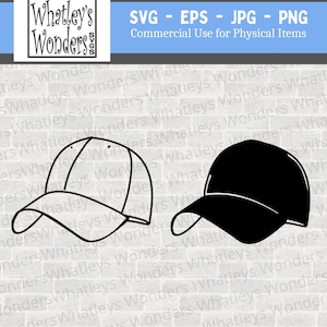 Puede incluir: Gráfico de una gorra de béisbol negra y un dibujo lineal de una gorra de béisbol. La imagen incluye el texto "Whatley's Wonders" y "SVG - EPS - JPG - PNG Commercial Use for Physical Items".