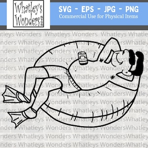 May include: Black and white line art of a person relaxing on an inner tube in the water, wearing flippers and holding a beer. The image includes the text "Whatley's Wonders" and "SVG - EPS - JPG - PNG Commercial Use for Physical Items."