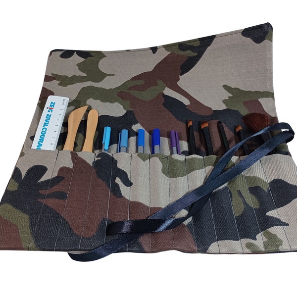 pencil roll, camouflage, brush roll, pencil case, makeup brush, hook needles, utensile silo, storage, small parts, organizer, travel
