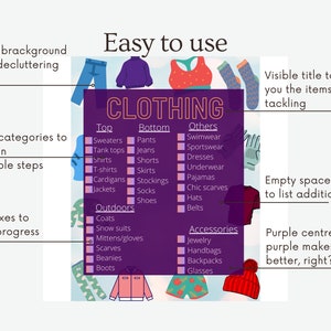May include: A purple checklist with the word "Clothing" in white text. The checklist is divided into three sections: "Top", "Bottom", and "Others". Each section has a list of clothing items with checkboxes next to them. The checklist is surrounded by colorful illustrations of clothing items.