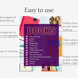 Puede incluir: Una lista de verificación morada con la palabra "LIBROS" en letras amarillas grandes. La lista de verificación está dividida en categorías para diferentes tipos de libros, como novelas, biografías y libros de cocina. Hay casillas de verificación junto a cada categoría. El fondo es colorido e incluye una pila de libros.