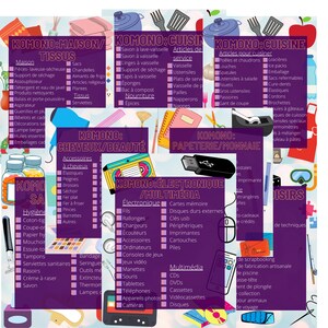 Peut inclure: Un tableau coloré avec le mot "Komono" en gras, suivi de différentes catégories d'articles ménagers, telles que "Cuisine", "Salle de bain", "Beauté" et "Électronique". Chaque catégorie est listée avec une variété d'articles associés, tels que "savon", "serviettes", "brosses à cheveux" et "écouteurs".